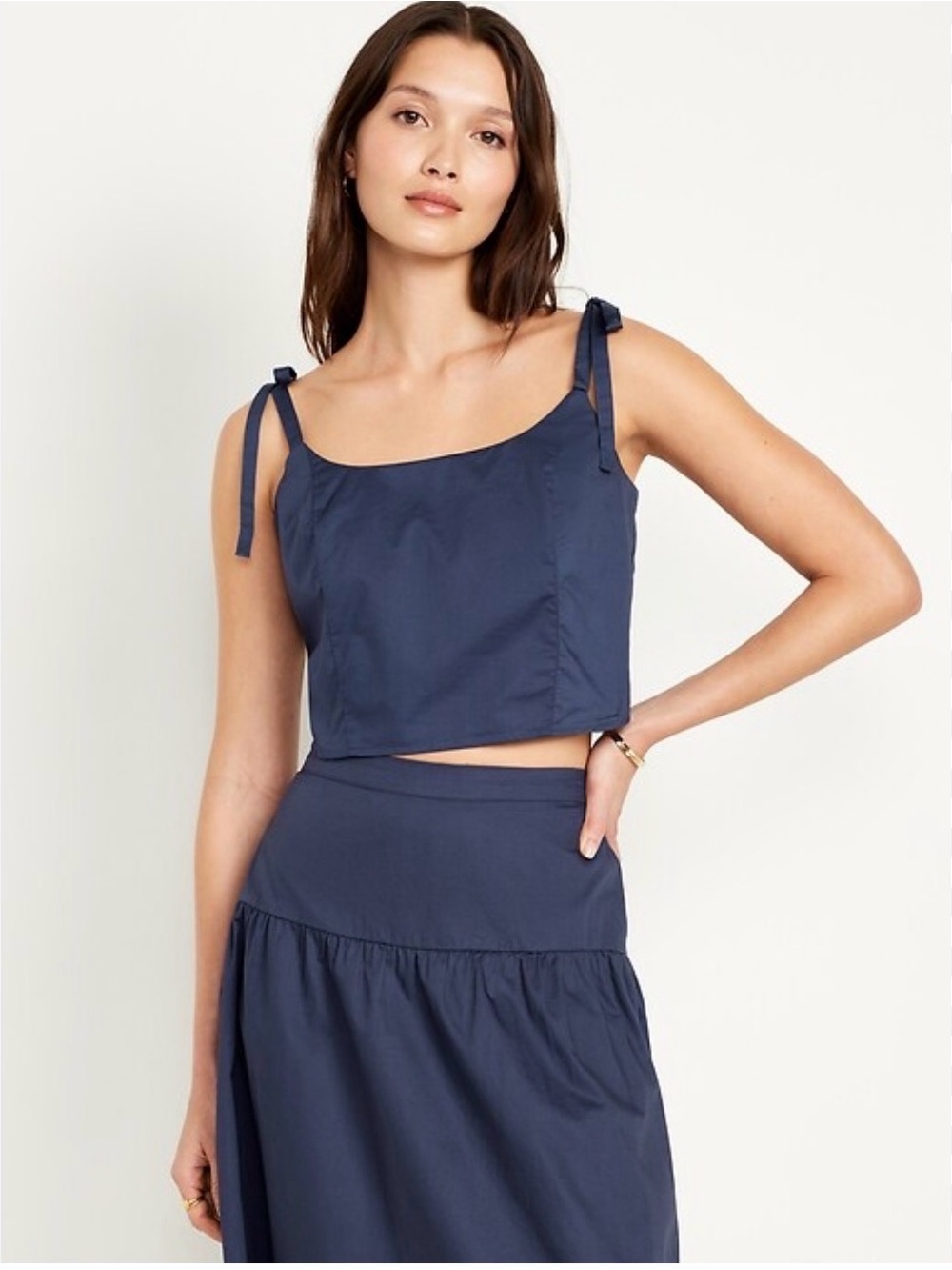 Women’s Matching Set with 100% cotton Midi Skirt and Shoulder Tie Tank in Navy